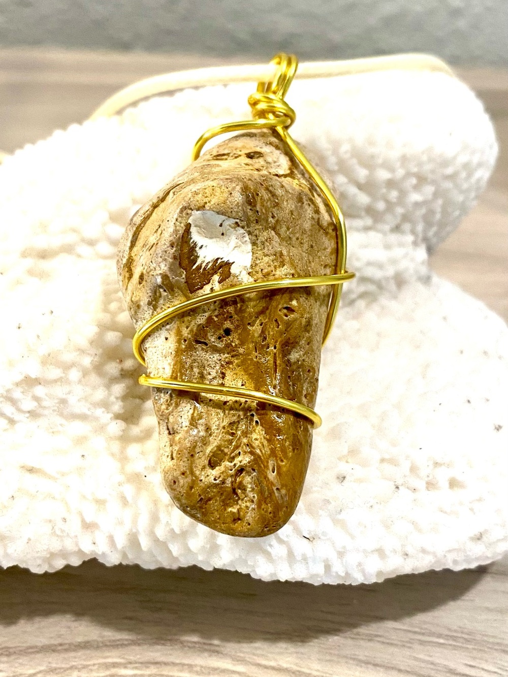 51. Handwrapped Golden Brown Beach Stone Pendant Necklace from Sanibel island